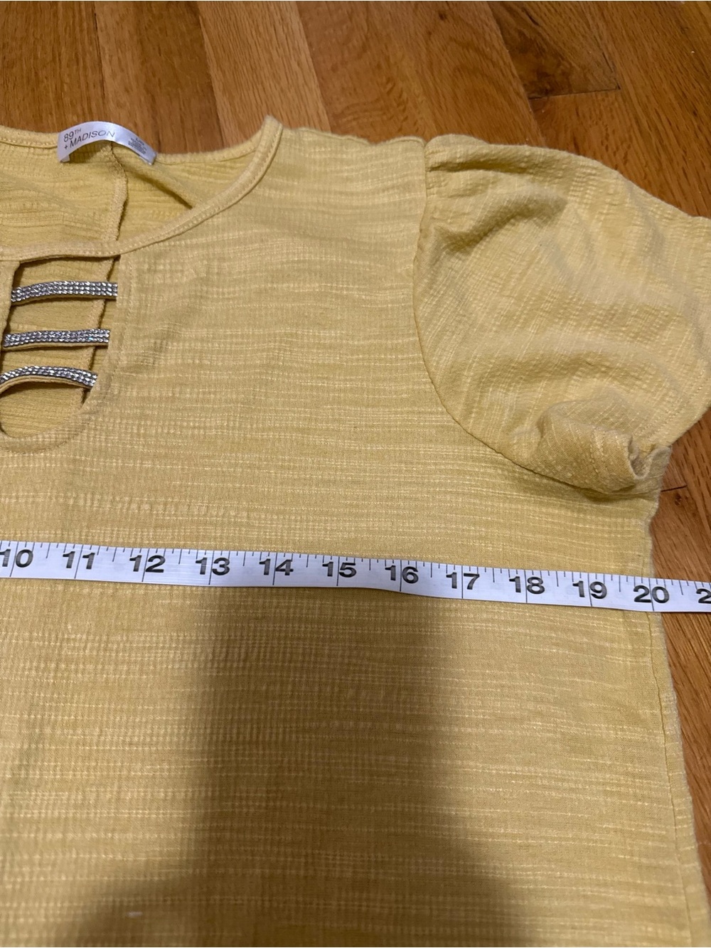 Madison Yellow Rhinestone Ladder Keyhole Flutter Sleeve Top - Picture 4 of 5